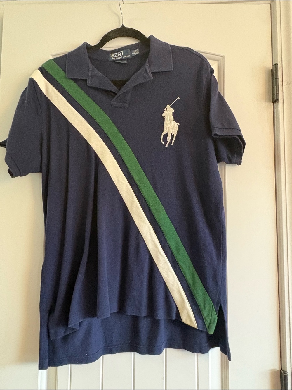 Polo by Ralph Lauren Navy Polo with Green & White Diagonal Stripes